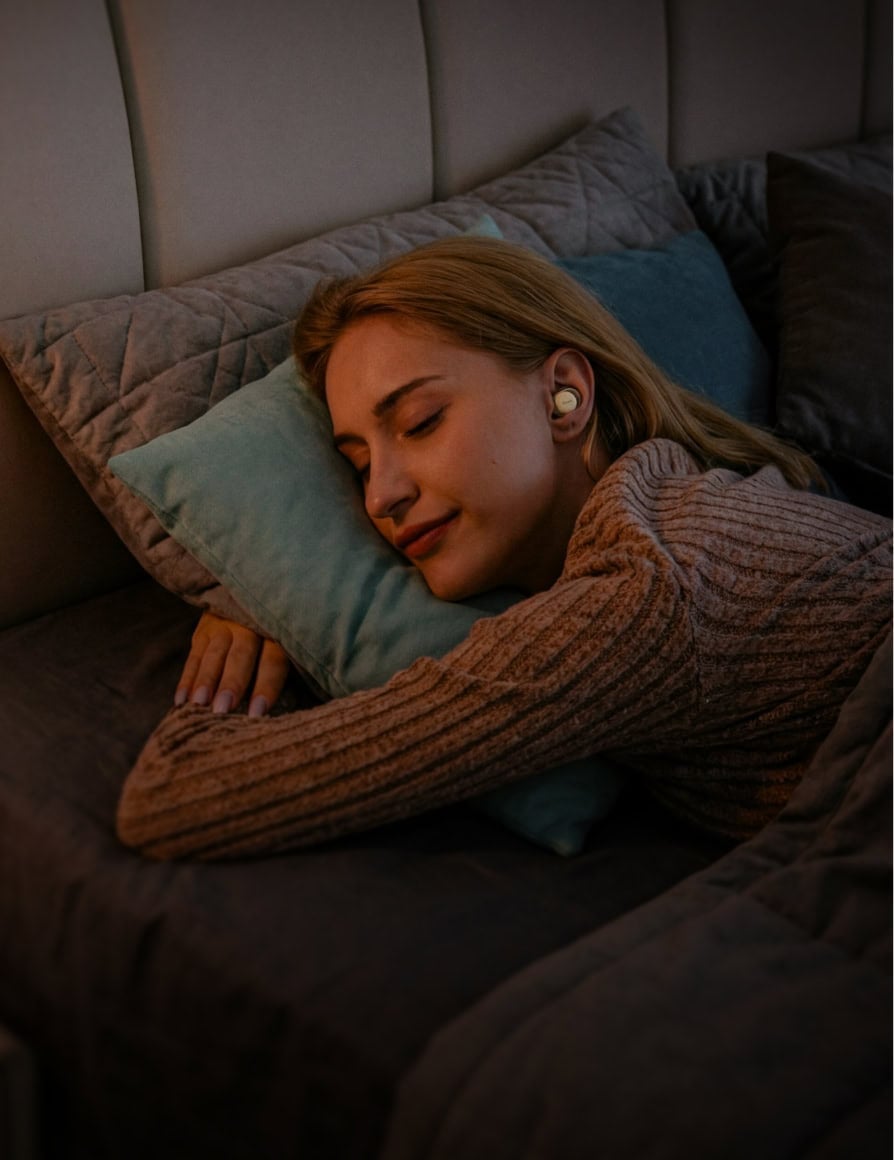 Woman sleeping on her side while wearing Fitnexa SomniPods 3 sleep earbuds.