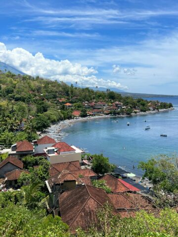 View of Amed Beach and Mount Agung in eastern Bali