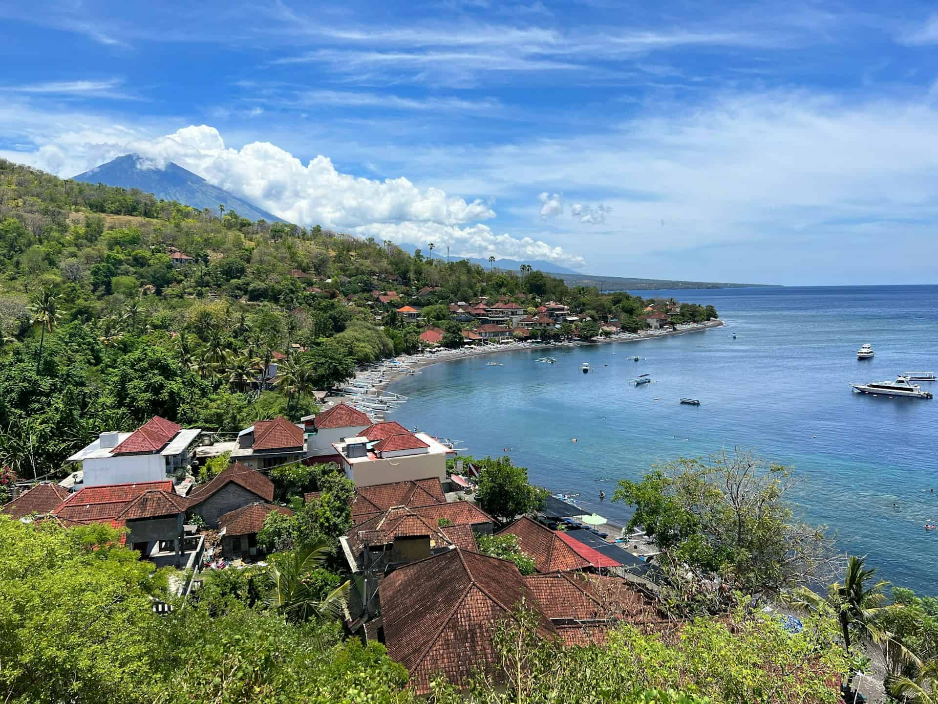 View of Amed Beach and Mount Agung in eastern Bali