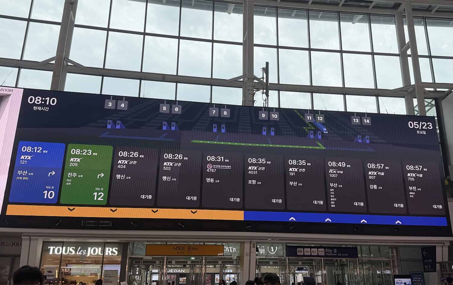 A departure board at a Korean station showing KTX trains, times and platform numbers