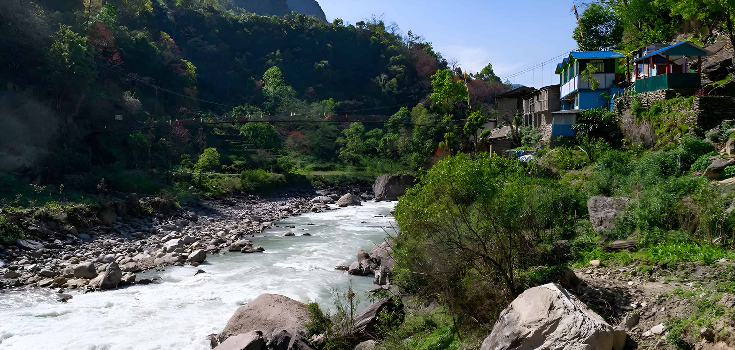 River valley and village scenery near Machha Khola on the Manaslu Circuit Trek.