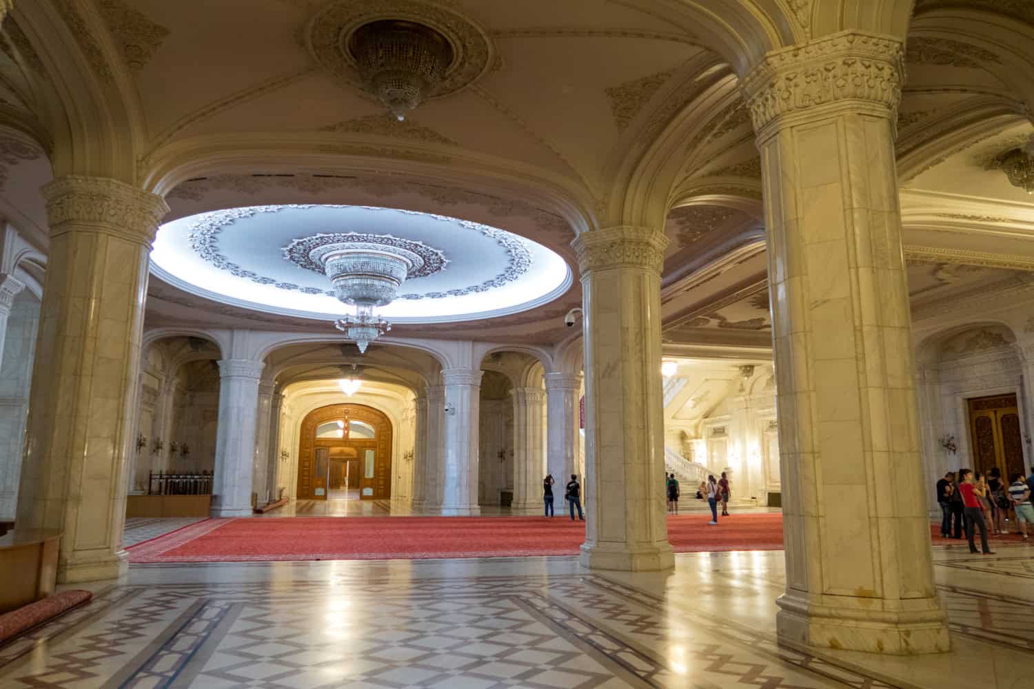 Grand interior hall inside the Palace of the Parliament in Bucharest