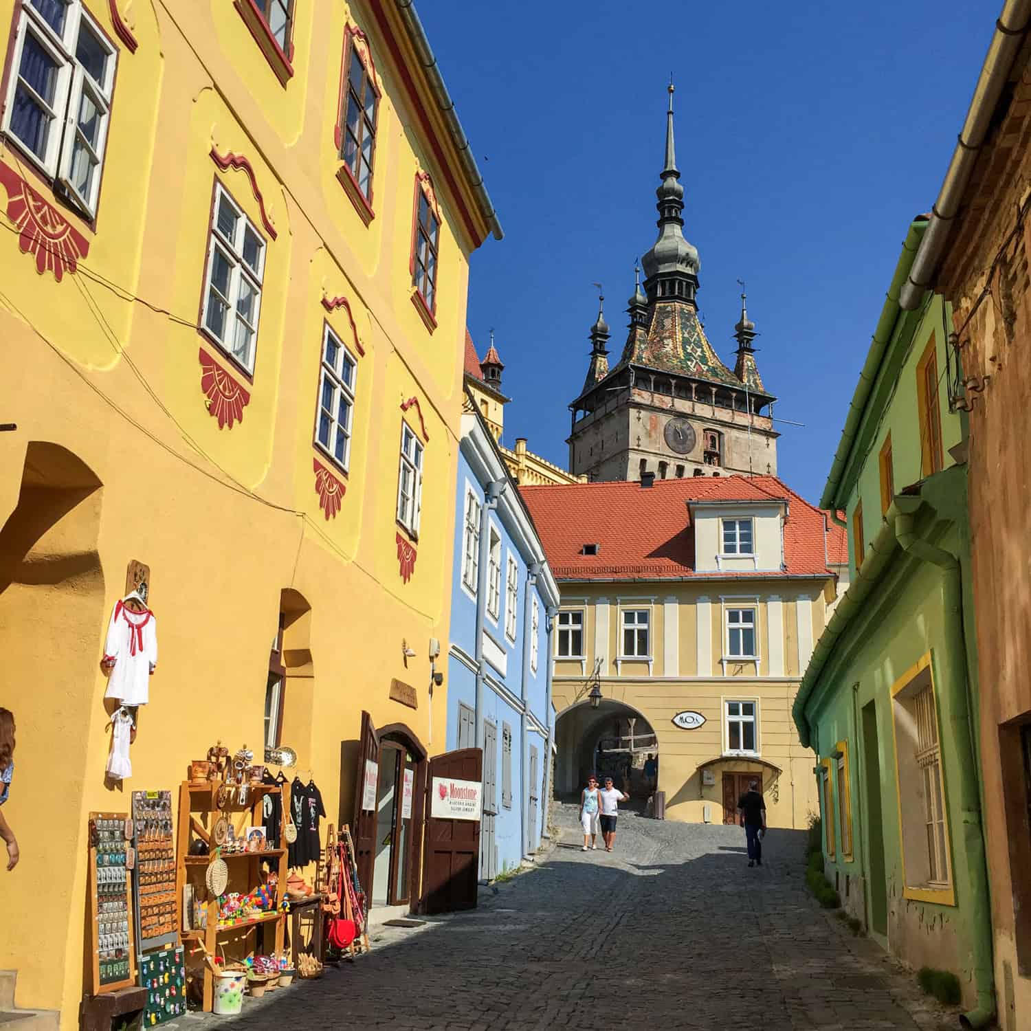 Colorful street leading to the Clock Tower in Sighisoara