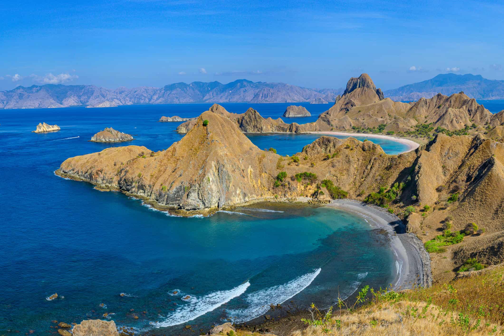 View from the Padar Island viewpoint overlooking the bays of Komodo National Park, Indonesia.