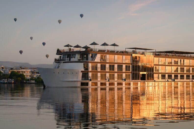 Aerial view of Soleil Nile River Cruise sailing along the Nile